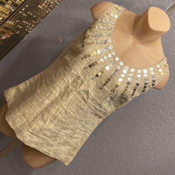 TORY BURCH - linen tank tunic w little mirror discs surrounding neck, zip - 8 - Picture 16 of 16